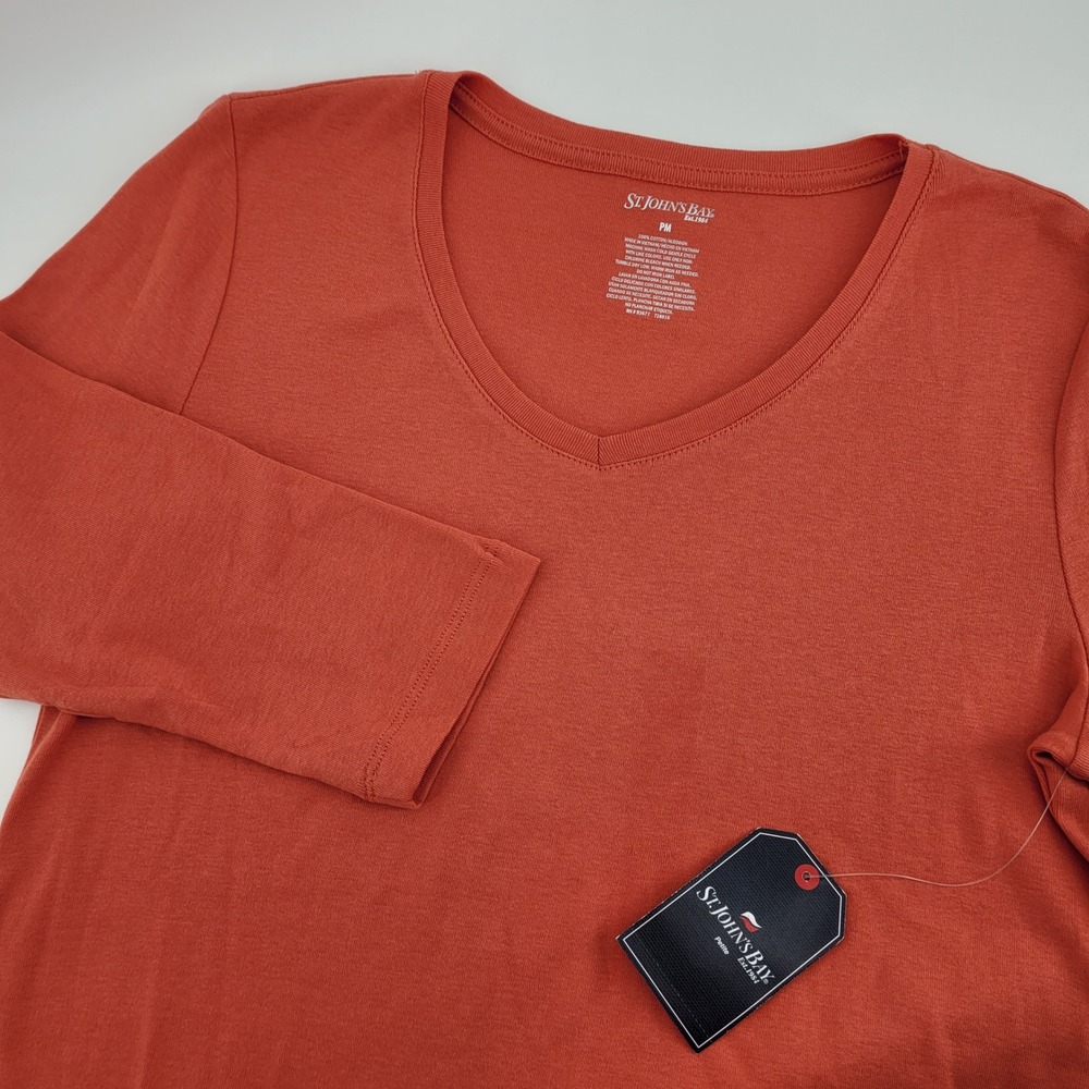 St. Johns Bay Womens PM Petite V-Neck 3/4 Sleeve Cotton Tee Orange Rust NWT